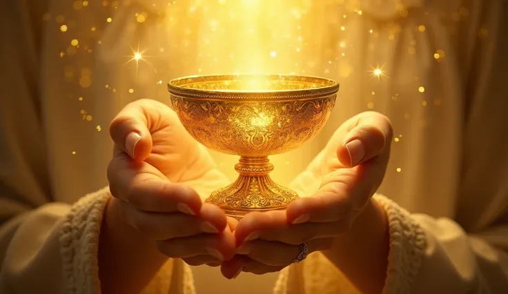 A large, ornate gold chalice is held aloft by two hands. The chalice is filled with a brilliant, inner golden light. Intricate, detailed carvings adorn the chalice, showcasing a rich, golden hue. The hands holding the chalice are light-skinned and appear t...