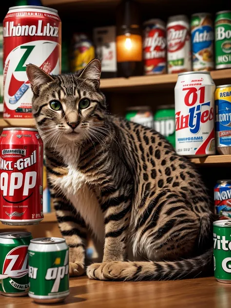 An angry big cat and kittens with green 7-UP cans, 7-UP advertising, 7-UP merchandising,extremely detailed  big cat,photorealistic,highly detailed,8K,masterpiece,vivid colors,beautiful lighting,dynamic composition,cinematic,editorial,product photograph
