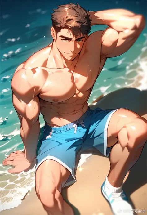 A 24-year-old handsome man, shirtless, showing his biceps and abdominal muscles, wearing shorts and white socks, at the beach