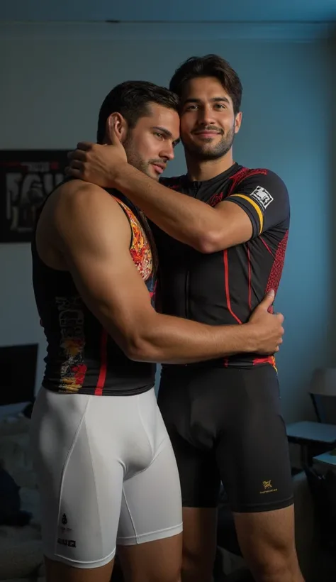 Prompt

Copy Prompt
two men, différent aged, handsome rugbymen , wearing in mexican color lycra cyclist bodysuit and white leggins lycra, loving in the campus room, presque nuit, logo RGUI31 sur le mur, , affiche du logo RGUI31, behind hug