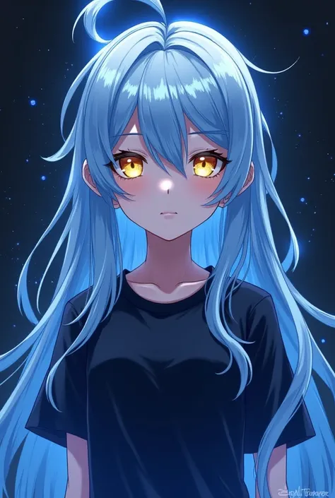 Draw Rimura with longs light blue hair and golden eyes  and have girl face Nd black t-shirt Rimuru Tempest's aura as the Demon Lord is distinctive and majestic. Its aura radiates an intense magical power that seems imposing and terrifying. The aura has a d...