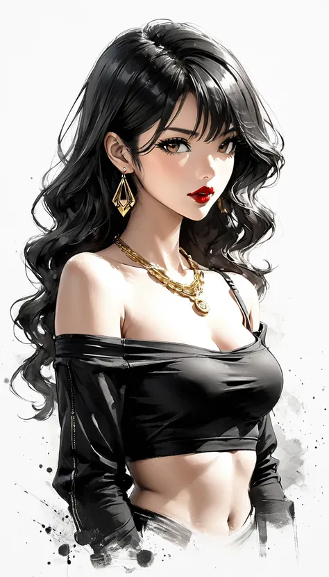 Neo-noir futuristic art style, waist-up, proportional body, semi-realistic anime-style of woman facing side. Mature woman, long, voluminous wavy black hair, loose over shoulders. Age 23. Warm tan skin tone, golden undertones, playful hazel eyes. Large, upt...