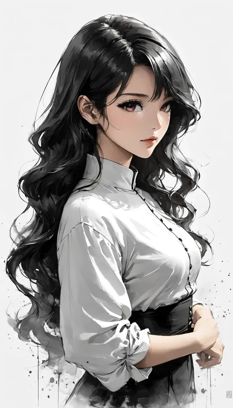 Neo-noir futuristic art style, waist-up, proportional body, semi-realistic anime-style of woman facing side. Mature woman, long, black hair styled in half-up half-down, loose waves over shoulders. Age 23. Warm tan skin tone, golden undertones, gentle pink ...