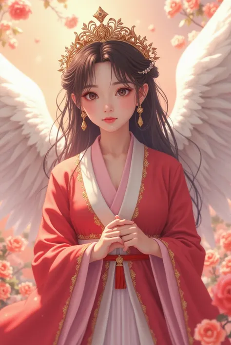 CG。 s。Goddess of Innocence 。A beautiful woman in the world。Japanese beauty。Long and narrow。 long thin nose 。 small face with an inverted triangle 。Sharp jaw。 Her hair color is brown black 。 the color of the eyes is brown and black 。 tiara 。White Giant Wing...