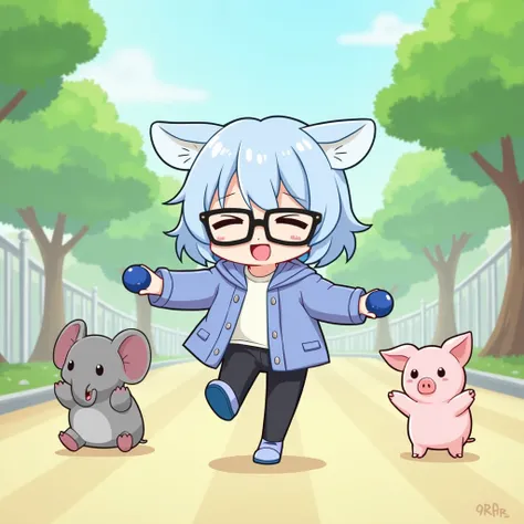  cute anime、Fat girl 、 light blue hair with a slender body、Black Glasses、ピンクのpigの着ぐるみ着用、 blue pompoms on girl's hands、The girl who is skipping so hard、Park Background、Around、(pig)Supporters、(elephant)Supporters、(Mouse)Supportersがいる背景