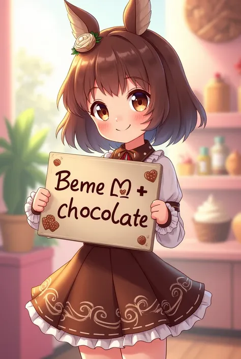 Anime girl who cute chocolate dress has a sign that says Dilara wants chocolate