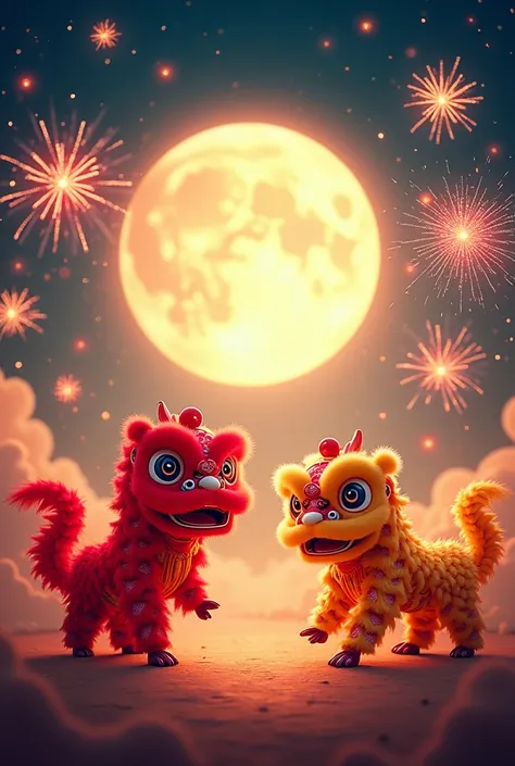 A festive scene for a Lantern Festival greeting card: Under the glow of a radiant full moon, a traditional lion dance takes center stage, its vibrant colors and dynamic movements capturing the essence of celebration. Around the lion dancers, firecrackers e...