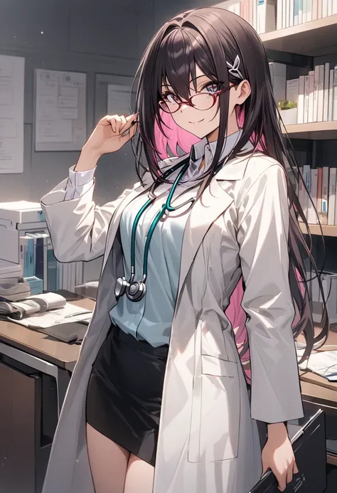 (AZKi),AZKI dressed as a doctor, wearing a pristine white lab coat over a stylish blouse and pencil skirt. Her short black hair with pink inner highlights is neatly styled, and she wears thin-framed glasses that add to her professional and confident demean...