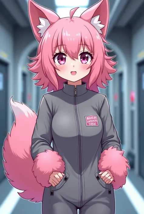  Pink fluffy anthro girl , pink wolf ears ,  wolf tail hair all over her body. wolf face. She's wearing a grey jumpsuit . In the background of the space station corridor . Adult . Drawn style. fluffy hands