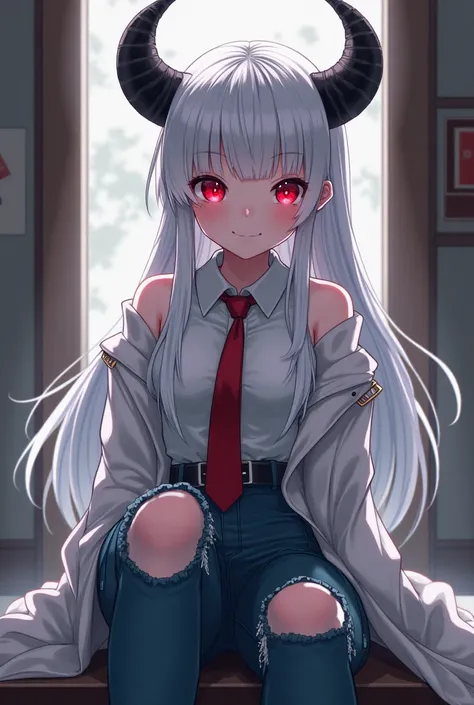 anime girl with black horny in front of head,  white hair tied up behind , sparkling red eyes ,  light smile , tie, thin white coat, emo Y2k,  girl's original ripped jeans , sitting posture