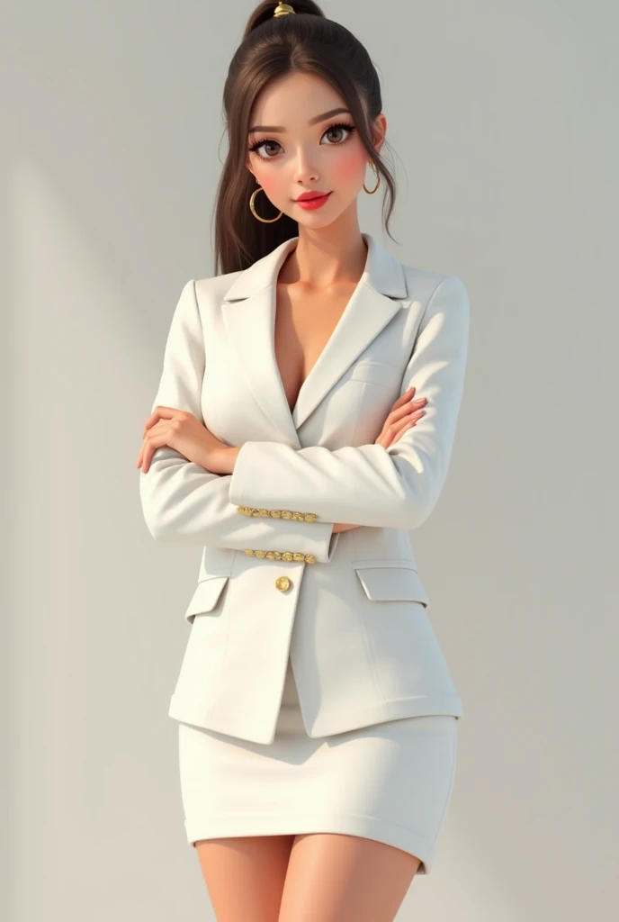 She must be a realistic woman with white skin and brown eyes she must have straight long brown hair tied in a high ponytail and she must wear a white buttoned blazer and a short glued white skirt and red lipstick and gold hoop earrings she must have her ar...