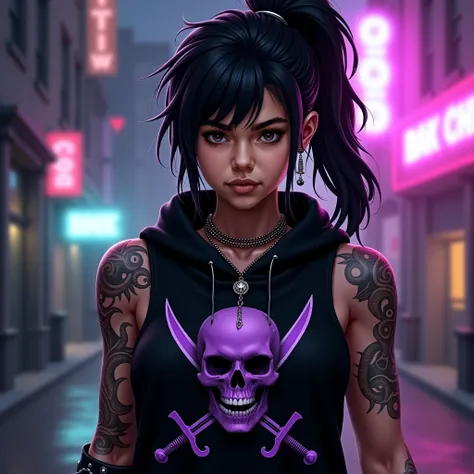 "Modern young pirate with a bold gaze and mysterious aura. Dark eyes, long black hair tied in a messy high ponytail. Wears a sleeveless black hoodie featuring a purple skull with crossed swords design. Elaborate tribal-style tattoos cover her arms. Accesso...