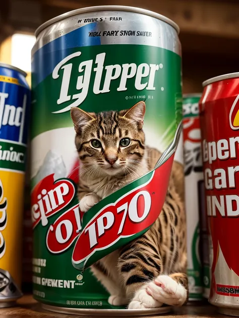 An angry big cat and kittens with green 7-UP cans, 7-UP advertising, 7-UP merchandising,extremely detailed  big cat,photorealistic,highly detailed,8K,masterpiece,vivid colors,beautiful lighting,dynamic composition,cinematic,editorial,product photograph
