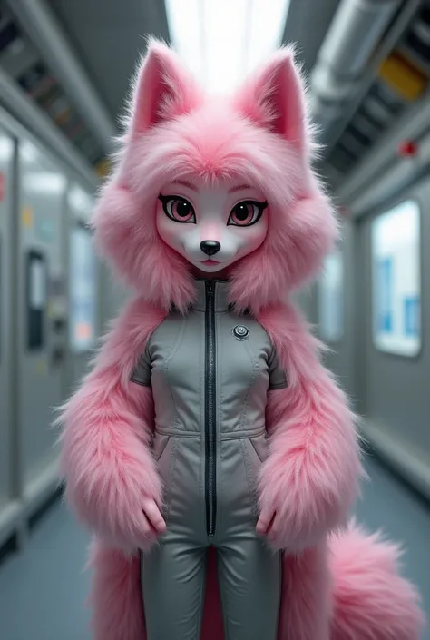  Pink fluffy anthro girl , pink wolf ears ,  wolf tail hair all over her body. wolf face. She's wearing a grey jumpsuit . In the background of the space station corridor . Adult . Fluffy palms ,  wolf face