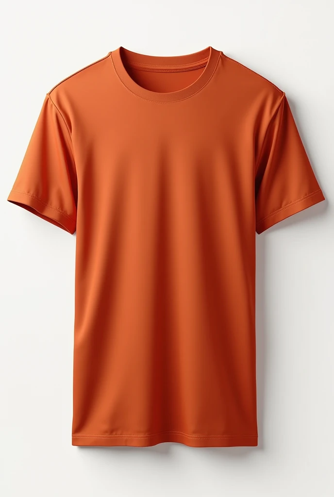 Generate a mockup of a t-shirt from a top-down angle, showing a clean and detailed design. The t-shirt should have a Terracotta base, Crew neck, and be displayed on a plain background. The design should be well-aligned in the center of the shirt.