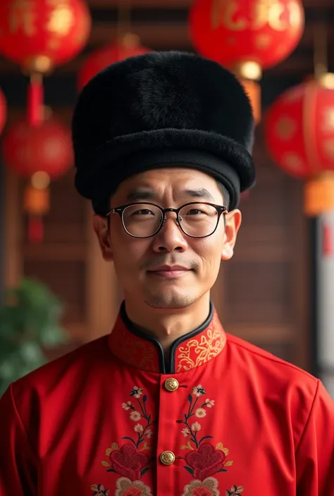 make a 30-year-old man with glasses wear a black SINCIA Chinese New Year head covering and wear a red shirt