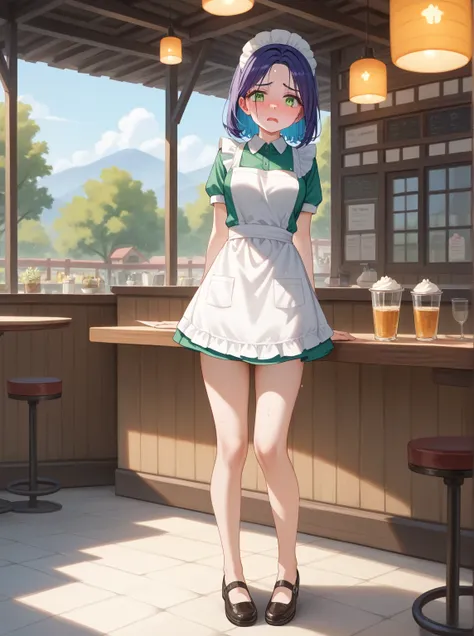 ((masterpiece)),
((best quality)), 
((high quality)), 
((ultra high res)), 
((female)), Blue inner hair, nude, sad, cry, bashfulness, blushed, full body, open mouth, ((eyes widen)), nervous sweating, in the cafe, look at viewer, waitress, Green  apron