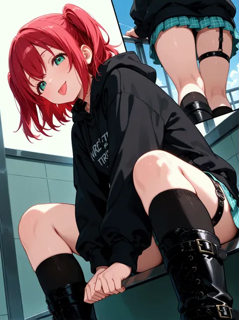  1 girl,  Kurosawa Ruby、  short hair while on a business trip、bangs、(  green eyes:1.3)、 Red Hair、Aqua Hitomi  、  two side up、smile、  ultra detail 、  mouths、whole body、big black hoodie 、  over knee socks、  standing、  have candy、  Long Boots  、 garter ring、 ...