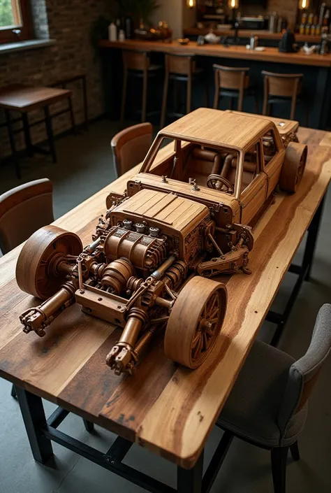 Generate a , with wood ,  car-themed table for a machine shop-type restaurant, Since the table has simulations of the parts of a car 