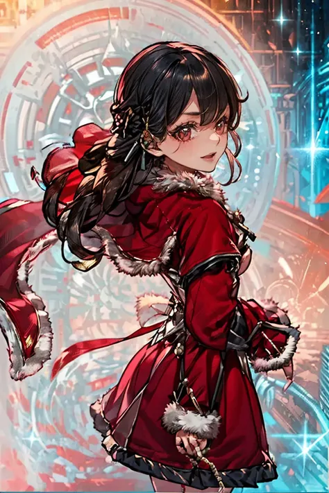 (masterpiece, best quality:1.2), 1girl, solo, ((((((front face, front view, front angle shot, from front)))))), black hair, red eyes, long hair, braids, ((((((red clothes, cpct, red and closed caplet, red fur coat, winter's outer, red skirt, red knee high ...