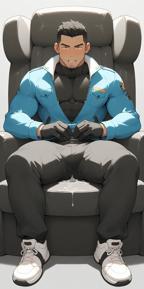 anime characters：Gyee, whole body, In a clean and tidy bedroom, Sit on an upscale sofa massage chair, The top is all meat pads, It has lots of milky white mucus on it, He grits his teeth, He's wearing a grey maintenance worker's suit, Wear a black turtlene...