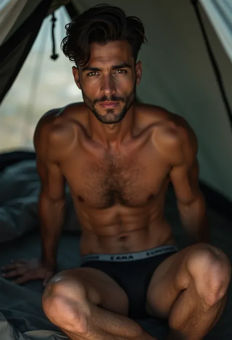 masterpiece, best quality, high resolution, closeup portrait, male focus, solo focus, a man, hiker, 33 years old, bare chest, dark hair, skinny body, dimples, pretty face, seductive, sweaty body, attractive, cute smirk, short trimmed mustache and 
stubble ...