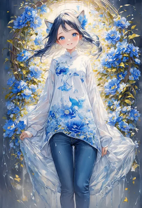 (   perfect anatomical structure   )     Beautiful blue embroidered flowers 、Baby kitsune，   beautiful girl with beautiful face and kind smile   .    artistic concept for digital art illustrations   、  oversized shirt simple in blue jeans  , Abstract,  lig...