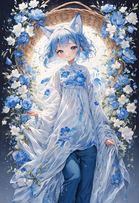 (   perfect anatomical structure   )     Beautiful blue embroidered flowers 、Baby kitsune，   beautiful girl with beautiful face and kind smile   .    artistic concept for digital art illustrations   、  oversized shirt simple in blue jeans  , Abstract,  lig...