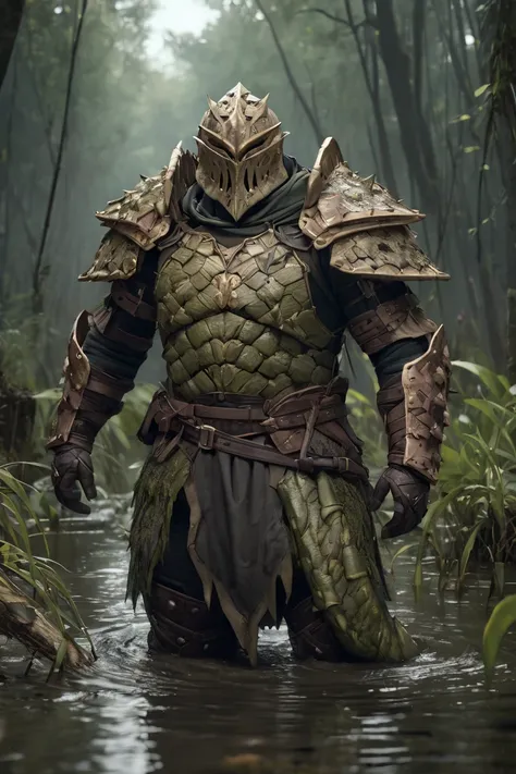  High resolution,  masterpiece,  Anatomically correct ,  The best quality, Detail, Details altos, HD model,  high quality, quality, muy detallado,  carrying crocodile skin armor with leather straps, A full-body warrior is in the middle of a swamp 