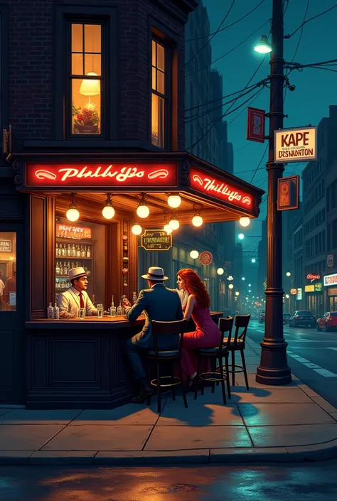 in this picture is drawn an amazing American city at late night. The street isn’t populated, outside there is no one and all the shops are closed excluding a bar called phillies. the bar has as walls two big windows , inside of the bar there are no tables ...