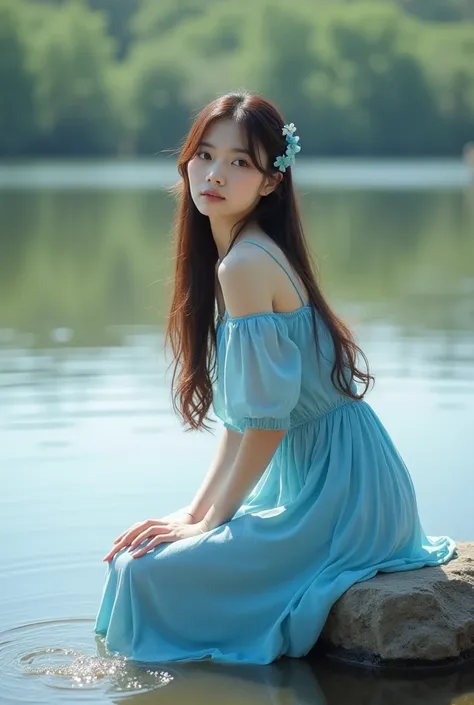  Beautiful Korean woman in sky blue dress sitting on a large rock in a swamp,  long hair with hair knick-knacks , Facing the camera while playing the water with his hand drawn. The background of the lake in the morning . 