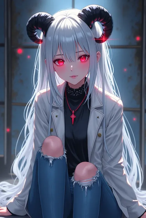 
  anime girl with black horns on the front of her head, white hair tied back, sparkling red eyes, slight smile, slender white jacket emo y2k, original girl's ripped jeans, sitting pose