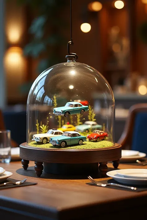 Create a table with mini cars enclosed in a glass capsule for a restaurant 