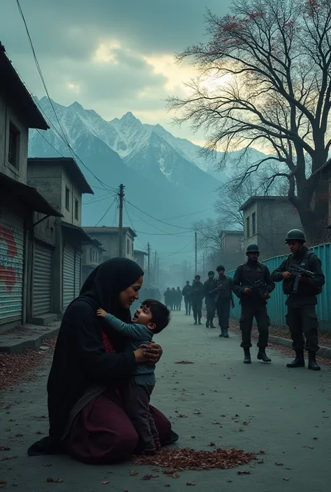 A hauntingly beautiful and emotional scene set on a curfew-stricken street in Kashmir. In the foreground, a grieving mother kneels on the ground, desperately shielding her young  from armed soldiers beating him with batons. Her face is filled with anguish,...