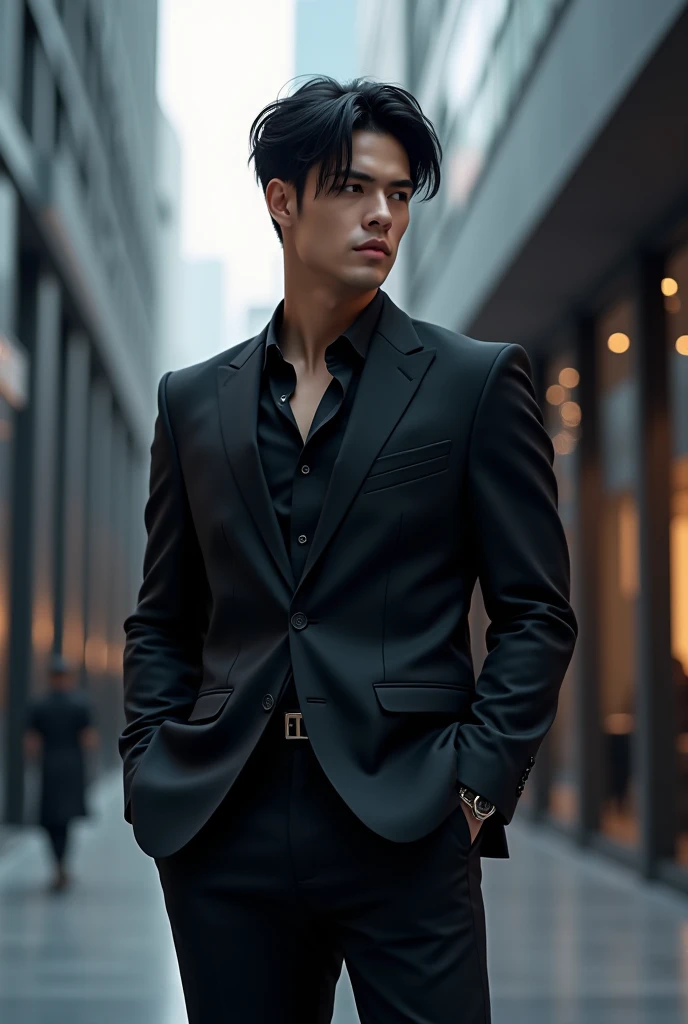 Young man with a curvaceous figure, black medium hair, wearing a suit