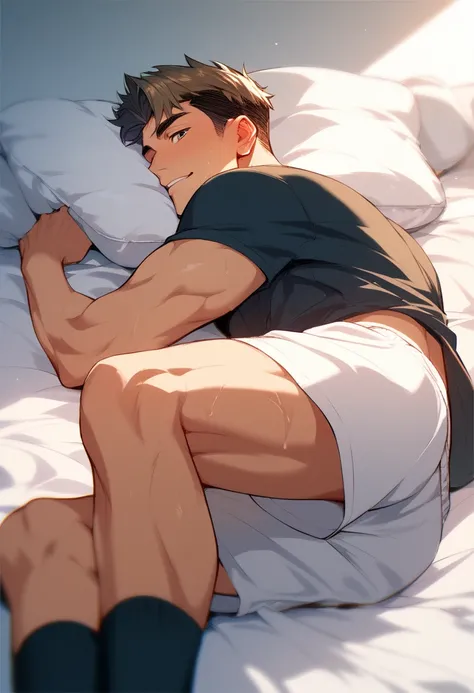 A 24-year-old handsome athletic man, wearing a black T-shirt, white shorts and black socks, lying on the bed