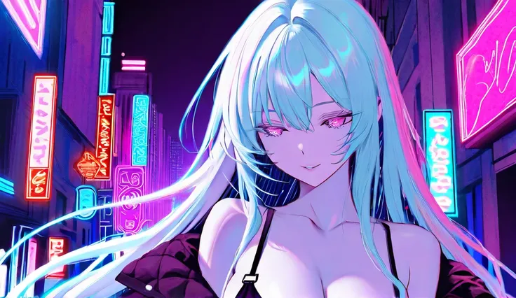 A stunning futuristic portrait of a sissygirl dressed in a captivating nanodress that reveals her figure. Oh pure, Unclothed, totally naked. The background displays an abstract, surreal cityscape with floating skyscrapers and neon lights that enhance the s...