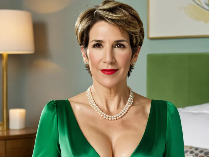 Tamsin Greig, 40 years old, smile, large breasts, large cleavage, red lipstick,	green silk dress,	in a modern bedroom,	pearl necklace,
