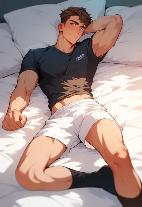 A 24-year-old handsome athletic man, wearing a black T-shirt, white shorts and black socks, lying on the bed