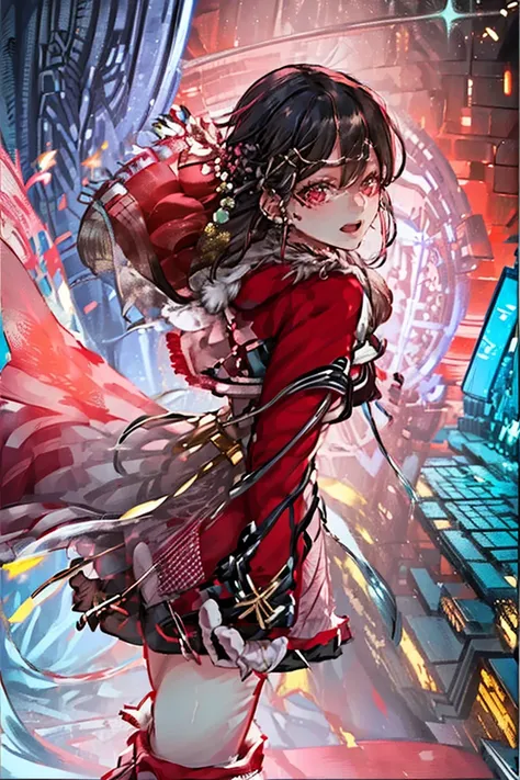 (masterpiece, best quality:1.2), 1girl, solo, ((((((front face, front view, front angle shot, from front)))))), black hair, red eyes, long hair, braids, ((((((red clothes, cpct, red and closed caplet, red fur coat, winter's outer, red skirt, red knee high ...