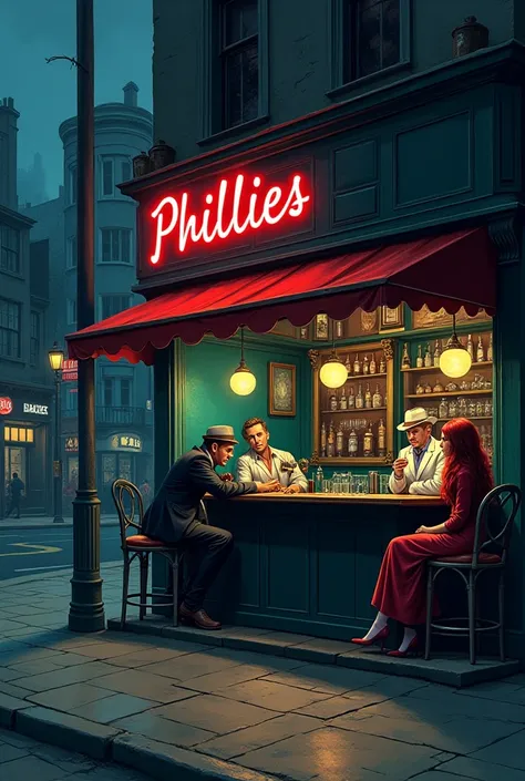 in this picture is drawn an amazing city at late night. The street isn’t populated, outside there is no one and all the shops are closed excluding a bar called phillies. the bar has as the walls of glass ,there are only three people that are sitting inside...