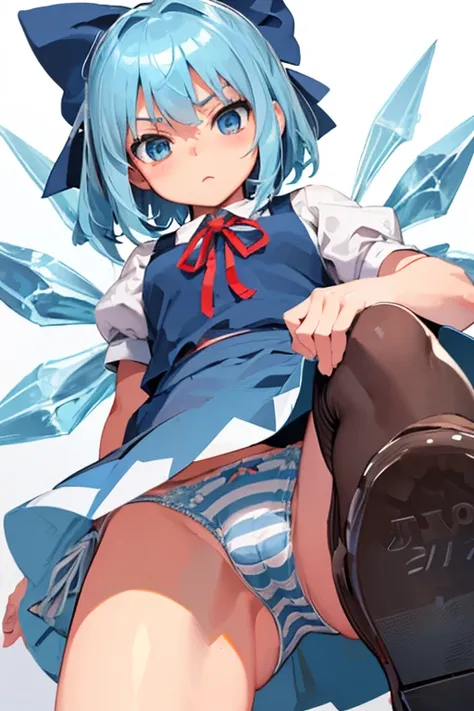 masterpiece, best quality, ultra detailed, ((gray striped panties, Cirno,)), (cowboy shot, crotch is close-up, ground-level, from below, mini skirt, from front),