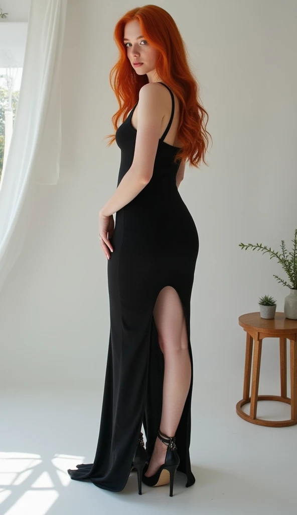 A 21-year-old young woman, inspired by Madelaine Petsch, described as the perfect woman, 5'3", alone, an aesthetic work of art. Irish redhead with long, wavy, waist-length red hair, a few small freckles, pale skin, no tattoos, medium full breasts, a slim w...