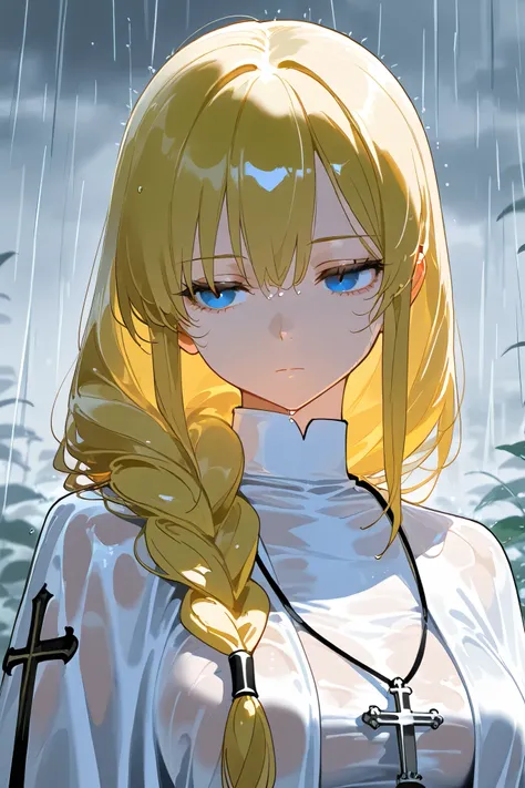 best quality, masterpiece, 1girl, solo, Priest, white Clerical robe ,single Braided hair, blue eyes, yellow hair, expressionless, rain, rainy background, upper body