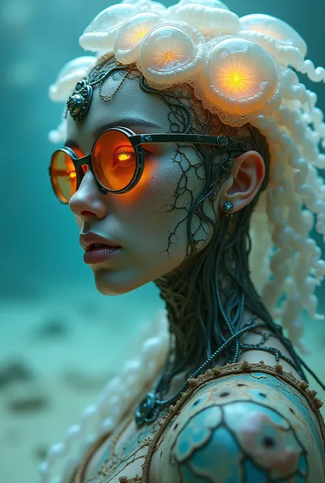 Ethereal Cyborg Woman, bioluminescent jellyfish tiara.  Steampunk glasses fuse with translucent tentacles . Cracked porcelain skin meets iridescent scales. Mechanical implants and delicate tendrils intertwine. Human characteristics with an otherworldly glo...