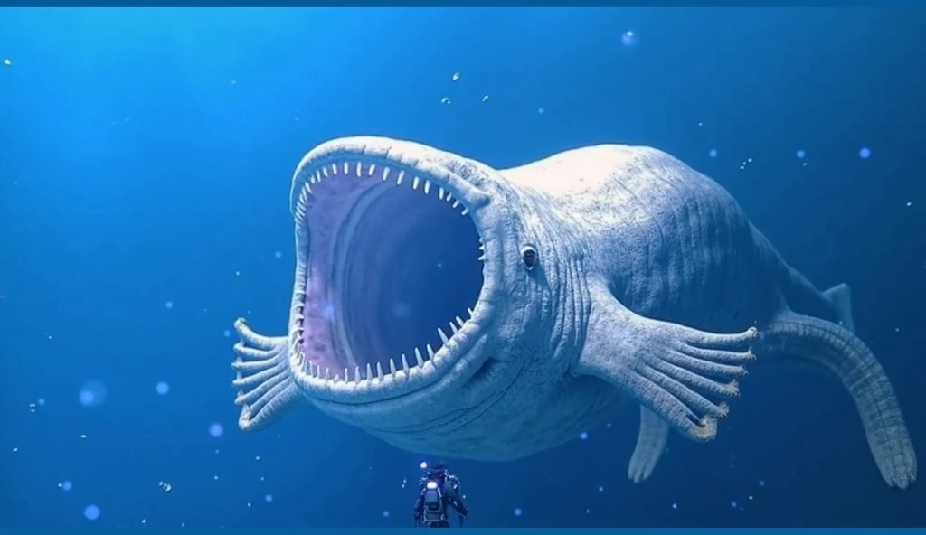 An intense and realistic underwater scene depicting a deep-sea diver comes in front of the massive open mouth of deep sea monster. The diver is illuminated by a dim flashlight on his helmet, emphasizing their small size compared to the enormous, gaping mou...