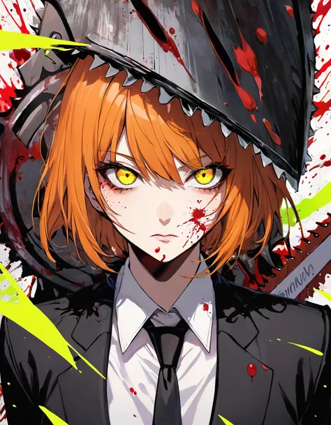  adult woman,  short orange hair and neon yellow eyes、 face close-up、 black suit 、Staring with a fearless face 、 Chainsaw Man Makima's Art、Splatter、Blood