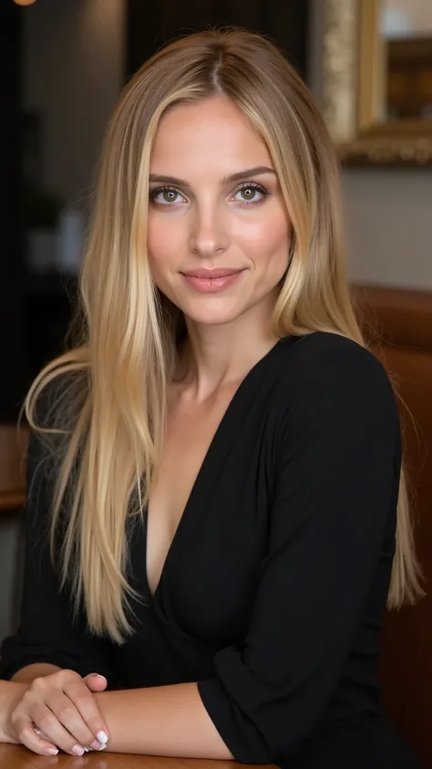 This is a beautiful  closeup photograph of a woman, she has long straight blonde hair and dark blue eyes.  Wearing a form fitting  boatneck dress,  Sitting in a cafe. Flirting at the viewer. Smile, Captured with a Sony A7R IV camera and a 50mm f/1.2 G Mast...