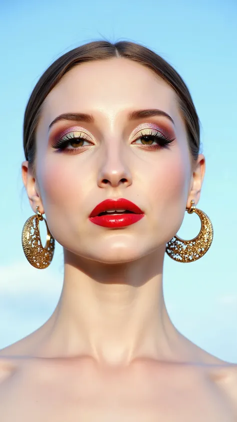 A hyper-detailed, avant-garde 3/4 shot photograph featuring a striking woman with pale light skin against a clear, light blue sky. Her nude high-angle mid shot highlights the smooth texture of her flawless complexion. Shimmering metallic eyeshadow enhances...