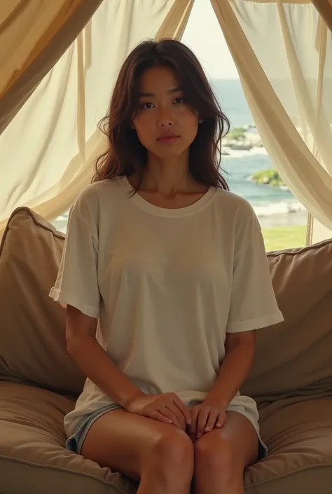 cumshot,a sexy japanese  woman in a nude body sitting on a couch in a tent,wearing white Oversized Faded T-Shirt, a hyperrealistic painting by Adrian Zingg, trending on Artstation, fantastic realism, powerful and huge, mia khalifa, exaggeratedly large phys...